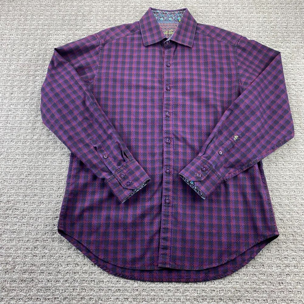 Robert Graham Shirt Men Medium M Burgundy Purple Checkered Button Up Long Sleeve